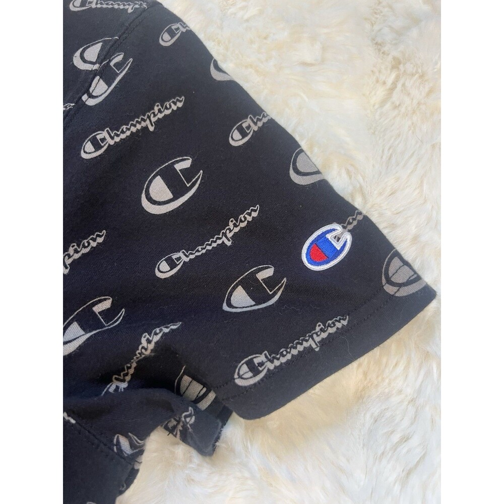 Champion Black All Over Print Logo T-Shirt Men's Size Medium AOP Tee - Picture 2 of 6